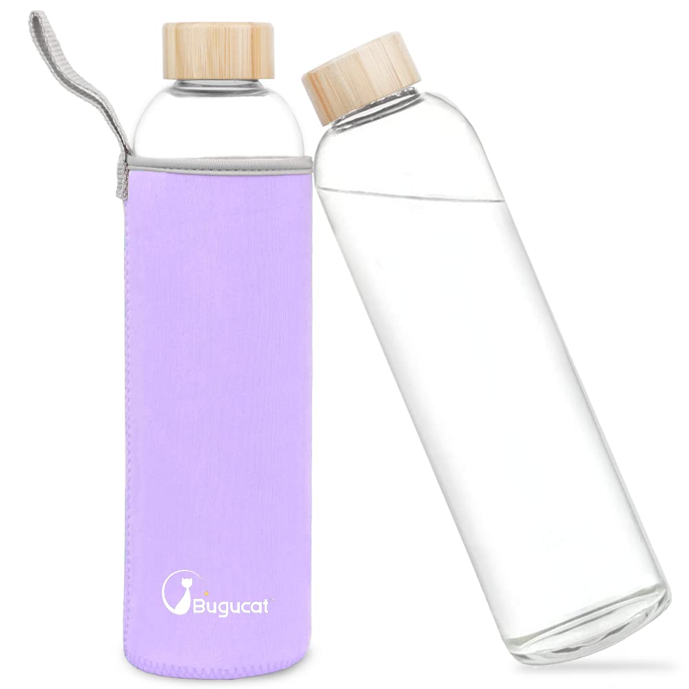 Bugucat Borosilicate Glass Water Bottle 1000ML, Reusable Lid Drinking Bottle with Protective Sleeves,Juice Beverage Container BPA-Free Leak Proof for School Sport Yoga Gym Hot Cold Drinks — image 1