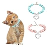 Stock Show 2Pcs/Pack Pet Pearl Necklace with Love Heart Pendant Dog Cat Fancy Princess Style Blingbling Jewelry Rhinestones Collar for Small Pets Cats Puppy Chihuahua Yorkie, Pink&Blue