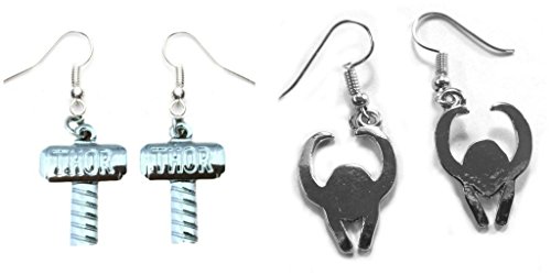 Thor Hammer and Silver Loki Helmet Dangle Earrings w/Gift Box