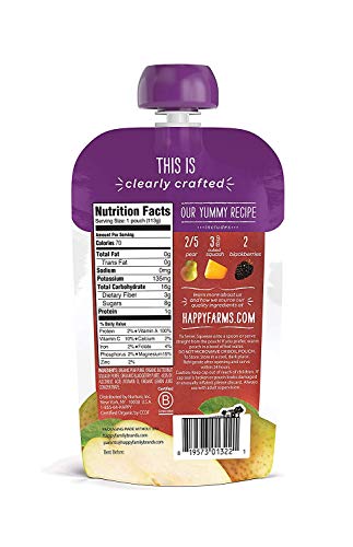 Happy Baby Organics Stage 2 Baby Food Pouches, Gluten Free, Vegan & Healthy Snack, Clearly Crafted Fruit & Veggie Puree, Pears Squash & Blackberries, 4 Ounces (Pack of 8) - Thumbnail 5