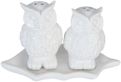 OWLS ON LEAF WHITE CERAMIC SALT &amp; PEPPER SHAKER SET 11.5CM X 5CM X 7.5CM