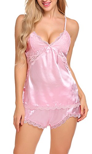 ADOME Satin Nachthemd Damen Sexy Dessous Set Sommer Nachtwäsche Negligee Babydoll Zweiteilige Reizwäsche Lingerie mit… – Bild 3