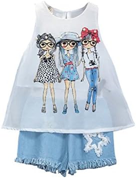 Shiningup Little Girl Summer Clothes Set Lovely Girl Printed Chiffon Vest Shorts Cool Outfit 3-8 Years Old
