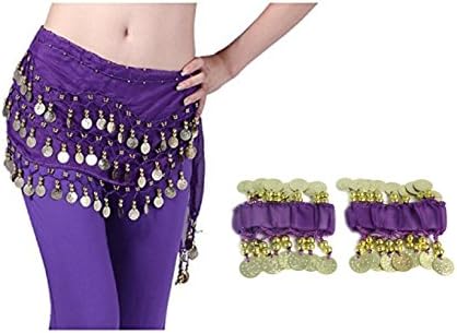 Gold Coins Belly Dance Chiffon Hip Scarf - Dance Belt &amp; Wrist Ankle Cuffs Bracelets