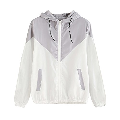 Women's Color Block Drawstring Long Sleeve Hooded Zip Up Sports Jacket Windproof Windbreaker (Grayk/White, S)