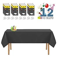 Plastic Table Cloths for Parties, Black Plastic Tablecloth for 6 8 Foot Table, 12 Pack Rectangle Disposable Plastic Table Cloths for Parties Indoor Outdoor (54 x 108 Inches), Table Covers with 8 Clips