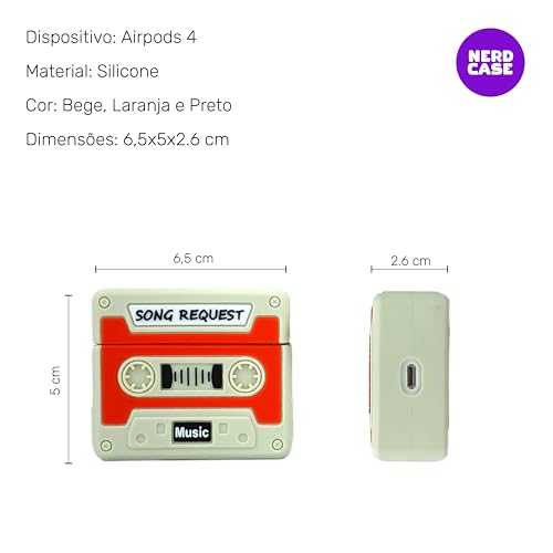 Capa Protetora Nerdcase Compatível com AirPods 4, Fita Cassete, Bege e Laranja