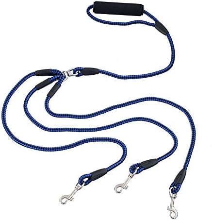 COCOPET [NEW VERSION] Heavy Duty 3 Way Dog Coupler Leash Nylon No Tangle Dog Pet Triple Leash with Sponge Handle - Fit for Small and Medium Dogs Walking Blue