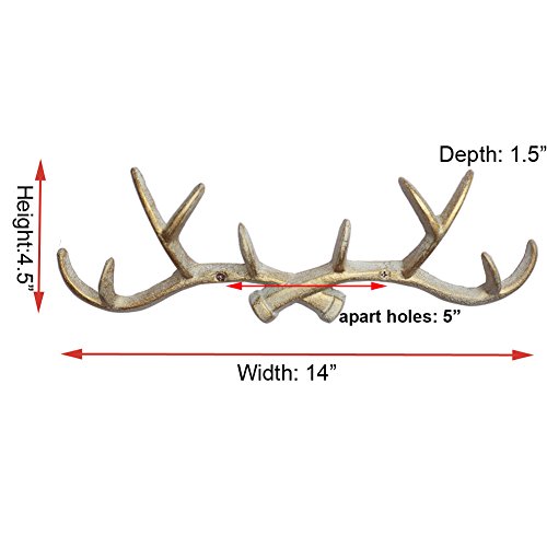WHITE GOLD 14 inch Vintage Rustic Cast Iron Deer Antlers Coat Rack Key Holder Jewellery Display Rack Bathroom Towels Hanger Rustic Cabin Hanger(with screws) - Thumbnail 2
