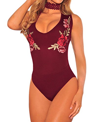 Shawhuwa womens sexy embroidered choker bodysuit clubwe…