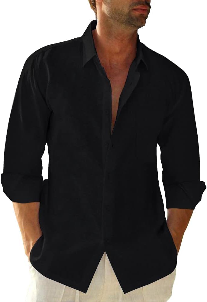 Button Down Linen Shirts for Men Casual Long Sleeve Regular Fit Cotton ...