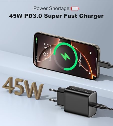 Carregador de Carregamento Rápido de 45W para Samsung Galaxy S25/S24/S23/S23+/S23 Ultra/S22/S21/S20/Note20/10/9/8/A73/A53/S10, iPhone 17/16/15 com cabo 2M, Cabeça de Adaptador USB C Carregador Rápido Preto