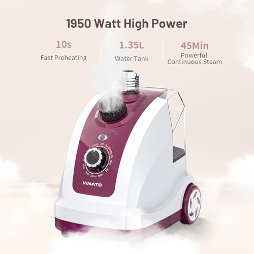VINATO Vertical Steamer, Vertical Steam Iron with 1.35 Litre Water Tank, 11 Functions Clothes Steamer, Steam Brush for All Types of Textiles – 1950W