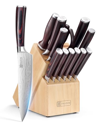 PAUDIN 14 piezas Conjunto de cuchillo de cocina con bloque, conjunto de cuchillo de cocinero afilado de acero inoxidable alemán de alto carbono con mango ergonómico Pakkawood