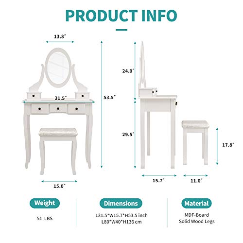Mecor Vanity Table Oval Mirror,Makeup Vanity Set Cushioned Stool Wood