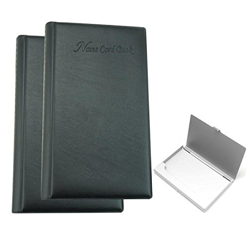 HOUSWOUKER Set of 3 Business Card Organizer Professional Business Card Holder Organizer Book PU Leather for 600 Business Cards& Stainless Steel Business Card Case