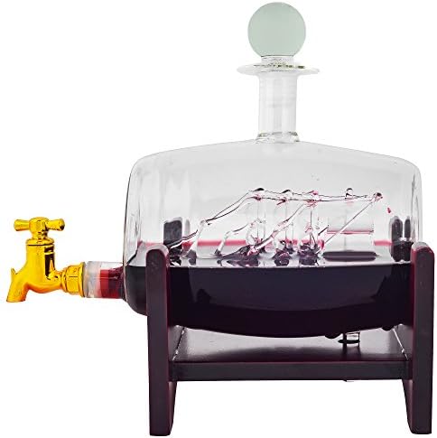 Barrel Large Etched Glass Whiskey Bourbon Decanter - 1000ml ( 35 oz ) with ship inside and dark finished wood standfor Scotch, Rum, Tequila, Liquor, Wine