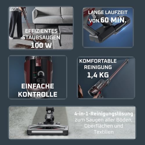 X-Pert 6.80 kabelloser Akku-Stabstaubsauger, leistungsstarke 100 AW, Lange Laufzeit bis zu 60 min, LED-Düse, als Handstaubsauger nur 1,4 kg, inkl. Tierhaar-Zubehör, Weinrot, RH6483E0