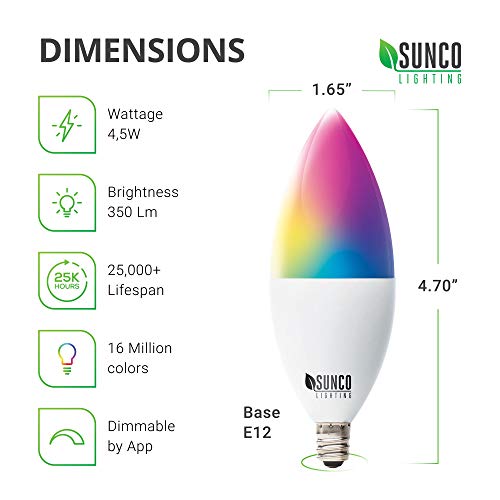 Sunco Lighting 4 Pack WiFi LED Smart Bulb, B11 Candelabra, 4.5W, E12 Base, Color Changing (RGB & CCT), Dimmable… - Image 4