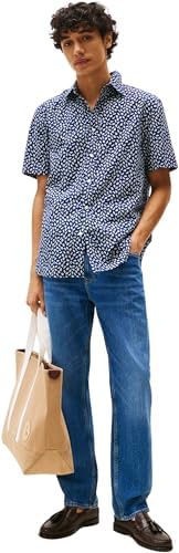 Herren Hemd Linen Blend Kurzarm, Mehrfarbig (Preppy Navy/Ivory Petal), L