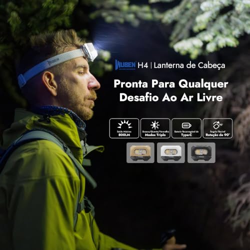 WUBEN H4 Lanterna de Cabeça Recarregável LED, 800 Lúmens, à Prova d'água IP68 Com Sensor de Movimento, Lanternas de Cabeça Com 10 Modos e Luz Vermelha, Para Camping Equipamentos, Pesca e Acampamento