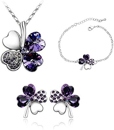 Jackie Lucky Four Leaf Clover Women's Crystal Jewelry Necklace,Bracelet and Earring(3-piece Set) -Purple