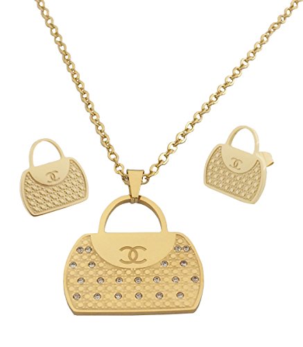 Think Positive Women's Stainless Steel Fashion Jewelry Sets Chain Necklace Handbag Pendant Earrings Studs with Rhinestone Gold Plating