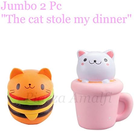 2 PCS Squishy Toy, Kawaii Jumbo Burger + PInk Kittty in the Cup Decompression Squeeze Fidget Toys for Collection Gift, decorative props Large or Stress Relief, 2 Pack set, scented, slow release foam