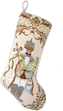 Vintage Style Gold Nutcracker with Gifts Christmas Stocking, Wool &amp; Velvet Needlepoint, 11 Inch X 18 Inch