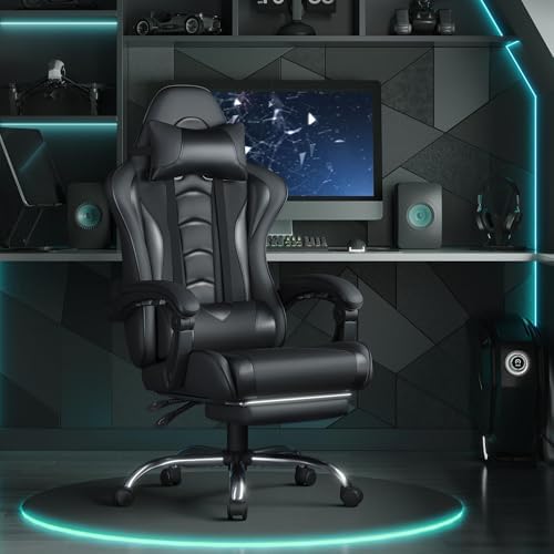 Silla Gaming con Masajeador Silla Oficina con Reposapiés Negro