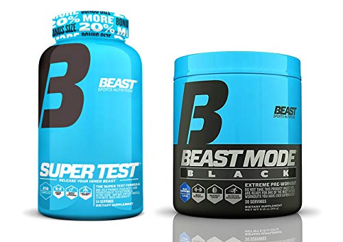 Beast Sports Nutrition Super Test and Beast Mode Black Bundle: High Powered Testosterone Booster Bundled with The Explosive Pre-Workout Formula Containing Agmatine for Massive Pumps (Blue Raspberry)