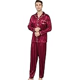 AprBean Satin Silky Men's Pajama Sets Long Sleeve Classic Sleepwear with Pockets Long Pants Lounge Set Pj Set Loungewear