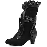 Blano Lofor Women Victorian Boots Chunky Heels Lace up Cute Bow Knot Cosplay Costumes Witch Medieval Renaissance Mid-Calf Goth Boots Vintage Gothic Character Dance Kawaii Lolita Shoes