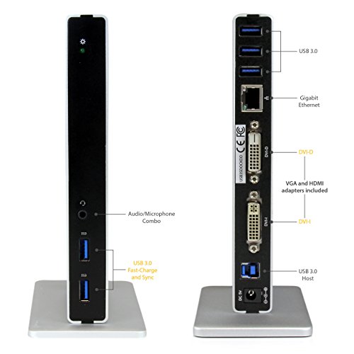 StarTech.com USB Docking Station - Universal USB 3.0 Dock - Dual DVI Monitor with HDMI and VGA Adapters - Ethernet/USB Hub/Audio