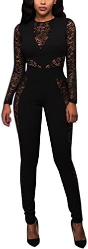 Engood Women's Sexy Perspective Crew Neck Long Sleeve Lace Club Bodycon One Piece Jumpsuit Romper Tight Overalls Leotard