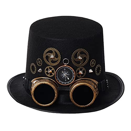 COSDREAMER Unisex Steampunk Top Hats Halloween Costume Hat with Goggles (58cm Black 4)