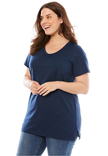 Woman Within Plus Size Shirred V-Neck Perfect Tunic - Navy, 1X