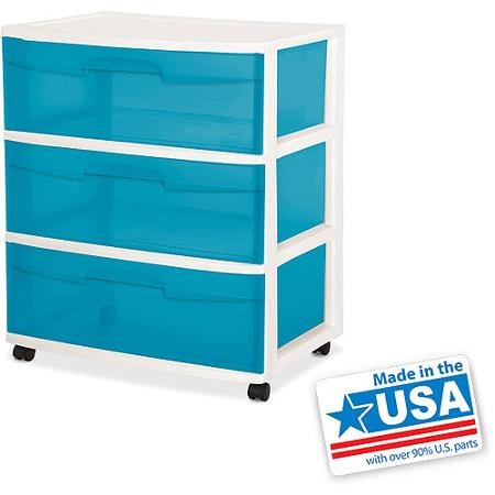 Sterilite 3 Drawer Plastic Storage Wide Cart Ocean Blue These