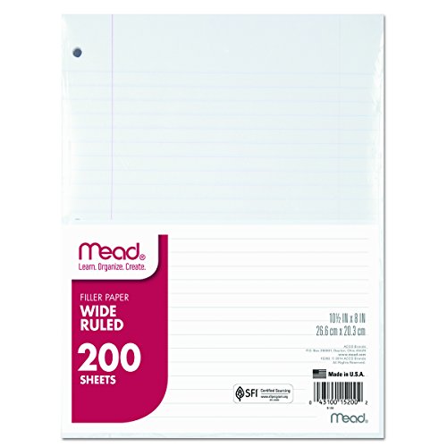 Mead 15200 Filler Paper, 15lb, Wide Rule, 3 Hole, 10 1/2 x 8 (Pack of 200 Sheets)