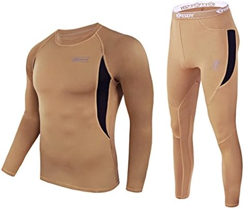 exeke SDY Men's Thermal Underwear Set Fleece Lined Long Johns Athletic Base Layer Top &amp; Bottom 010-Khaki(M)