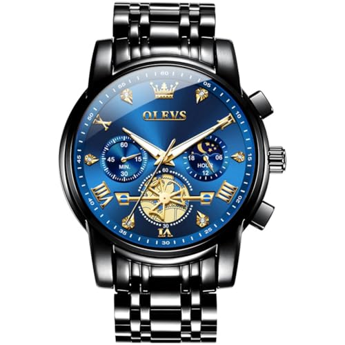 OLEVS Watch Men Luxury Classic Fashion Watches for Men Large Face Stainless Steel Waterproof Mens Watches Analog Quartz Chronograph Fancy Dress Diamonds Moon Phase Watch Relojes para Hombres