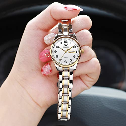 OLEVS Luxury Ladies Watches,Women's Watch with Day and Date,Female Watch for Small Wrist,Gold Stainless Steel Watches for Women,Easy Read Ladies Wrist Watches Waterproof（Adjustable Strap