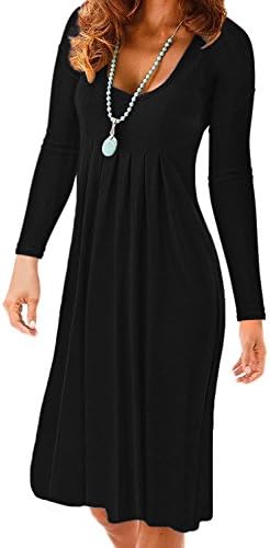 TECREW Women’s Plain Long Sleeve Pleated Loose Swing Casual Midi Dress with Pockets Black
