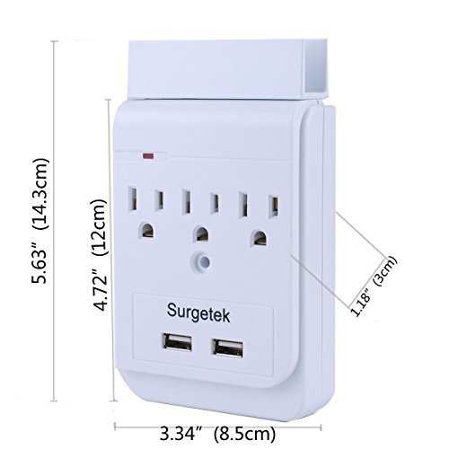 image for Surgetek Wall Mount 3-Outlet Grounded Surge Protector Extension Outlet
