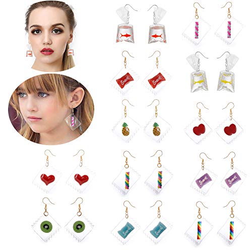 12 Pairs Mixed Wholesale Funny Earrings Set Candy Bag with Fruit Design Creative Earrings Fun Crafty Dangle Earring Funky Cute Hook Earrings Sweet Girls Pineapple Goldfish earrings for Women (1#) - Thumbnail 2