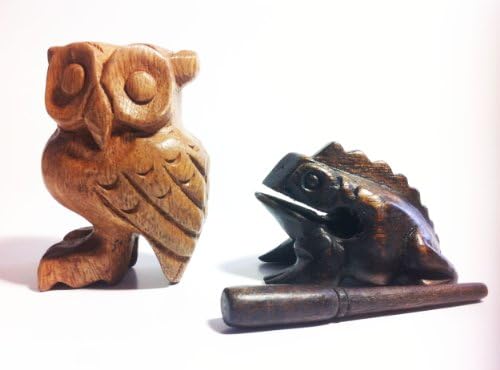 Wooden Percussion 2 Piece Set of 3 Inch Frog and 3 Inch Owl