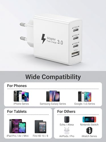 EU Travel Adapter Charger, 50W European Plug Adapter with 3 USB C and 1 USB A, Universal Travel Adapter European USB Charger Plug with Nylon 2M USB C Cable for iPhone 17 16 15 14 13/ iPad/Galaxy
