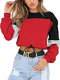 Angashion Womens Sweatshirt-Long Sleeve Drawstring Hem Color Block Crop Top Pullover Tops Red S