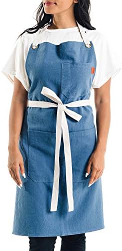 Caldo Linen Kitchen Apron - Mens Womens Linen Bib Apron - Adjustable Pockets - Inspired Professional Chefs (Vintage Blue)