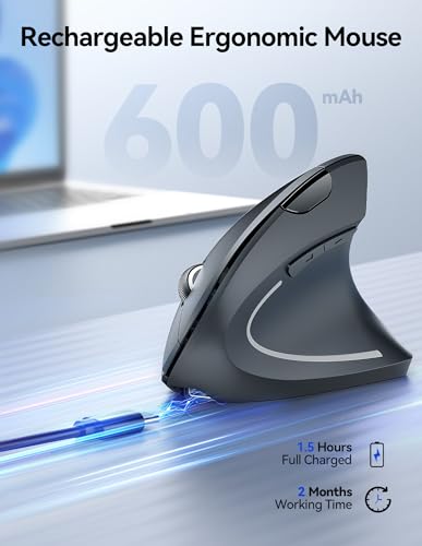 Ergonomic Mouse, Vertical Mouse Wireless Mouse 6 Buttons Optical Carpal Tunnel Mouse, 5 Adjustment Levels, Up to 4800DPI Silent Click Mouse Office Mouse for Laptop, Desktop, Carpal Tunnel Relief
